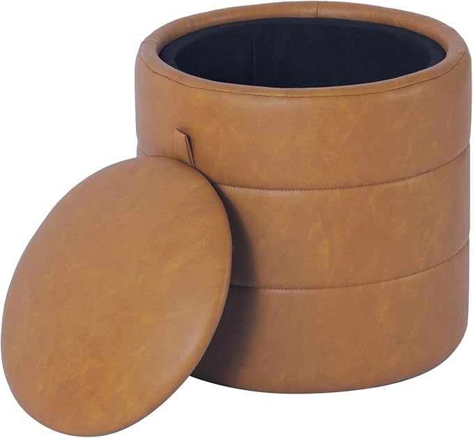 Spatial Order Storage Round Ottoman with Removable Lid (with Hidden Storage) | Spatial Order Home Décor | Upholstered Round Velvet Ottoman – Carmel Faux Leather