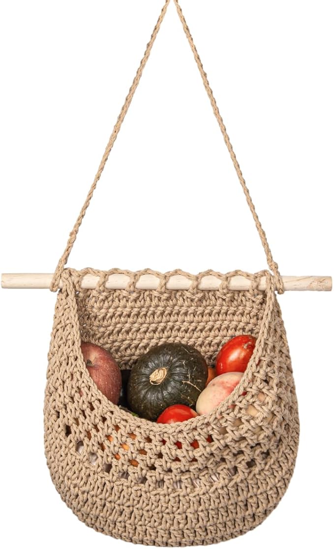 Hanging Fruit Basket Handmade Boho Cotton Rope Wall Hanging Basket Over Door Storage Woven Baskets for Kitchen and Bedroom to Store Any Small Stuffe (1, jute)