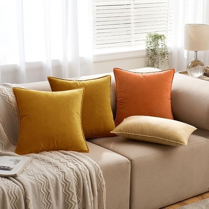 MIULEE Mustard Yellow Velvet Throw Pillow Covers 18x18 Soft Decorative Solid Square Cushion Cases Pack of 2 Modern Luxury Home Decor for Couch, Sofa, Bedroom