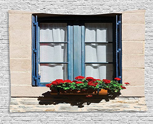 Ambesonne Shutters Decor Tapestry, Mediterranean Style Window with Open Window Shutters Image French Urban Life Style Decor, Wall Hanging for Bedroom Living Room Dorm, 60" X 40", Blue Grey - color: Blue Grey, size: 60"L x 40"W