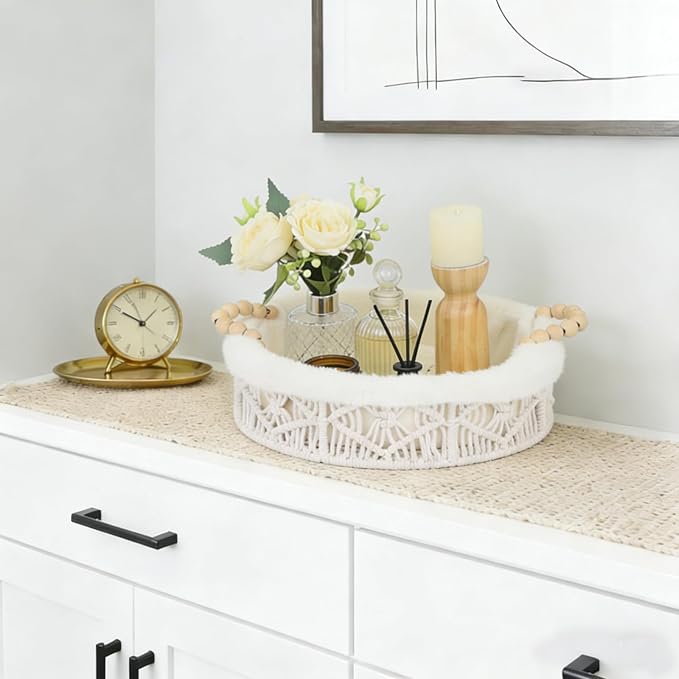Plush Lined Storage Basket for Organizing with Handles, Boho Round Woven White Small Basket Decorative Storage Organizer for Shelves Dresser Entryway Countertop Decor