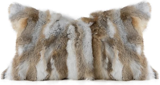 MOOX Rabbit Fur Throw Pillow Covers Decorative Fluffy Soft Fuzzy Plush Luxury Genuine Animal Skin Lumbar Pillow 12"x20" Cushion Cover(Yellow-White, 12x20inch)
