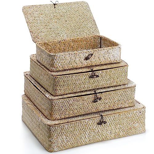 Didaey Set of 4 Seagrass Basket with Lid Wicker Storage Basket Decorative Storage Boxes with Lids Flat Storage Bins Woven Organizer Baskets for Shelf Closet Bedroom, 4 Sizes (White) - color: White