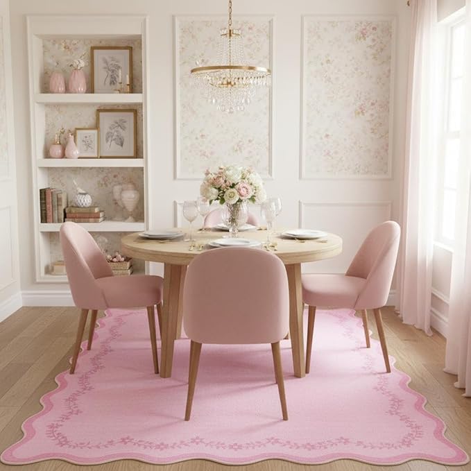 GarveeHome 5x7 Valentines Scalloped Area Rug Pink Washable Rugs for Living Room Bedroom, Soft Low Pile Non Slip Accent Floor Mat Solid Floral Print Throw Rug Farmhouse Indoor Carpet for Dorm Playroom