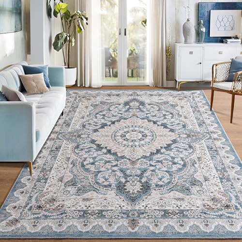 Foxmas 5x7 Area Rugs for Living Room, Machine Washable Vintage Rug, Non-Slip Low Pile Throw Rugs with Rubber Backing Washable Carpet for Bedroom Dining Room Kitchen Home Decor, Blue - color: Blue, size: 5' X 7' (Rectangular)