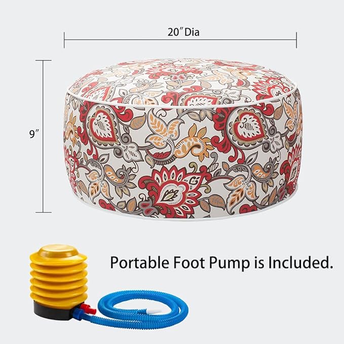 Magpie Fabrics Indoor/Outdoor Inflatable Stool Ottoman Pouf, Water Repellent Round Footrest Footstool with Foot Pump D20 xH9, Portable for Patio Garden Travel Camping or Home, Floral Red Orange