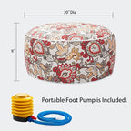 Magpie Fabrics Indoor/Outdoor Inflatable Stool Ottoman Pouf, Water Repellent Round Footrest Footstool with Foot Pump D20 xH9, Portable for Patio Garden Travel Camping or Home, Floral Red Orange
