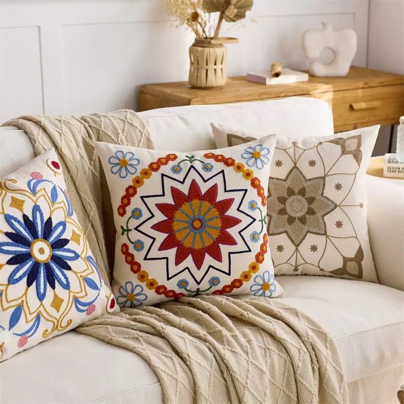 Boho Throw Pillows,18x18 Accent Throw Pillow Covers,Bohemian Embroidered Textured Cushion Case,Sunflower Decorative Farmhouse Pillowcase for Couch Sofa Bedroom Living Room Home Decor Orange