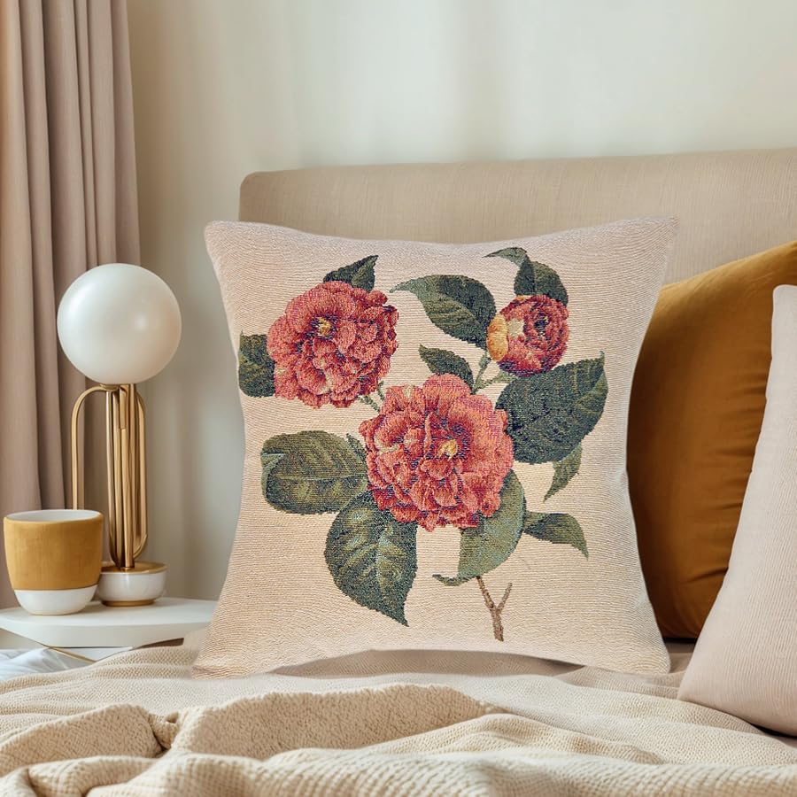 Jacquard Woven Floral Pillow Cover | Square Tapestry Flower Pattern Cushion Case for Sofa Couch Bed Decor | Rustic Classic Home Accent Throw Pillow Sham 18x18 Inch (Pink - Green Camellia Cluster) - color: Pink - Green Camellia Cluster