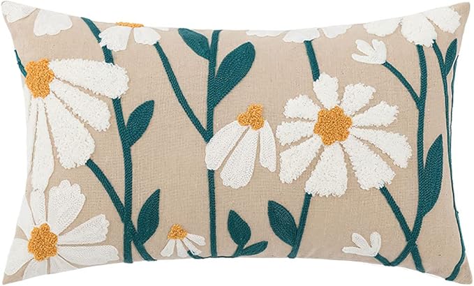 vctops Boho Floral Tufted Decorative Throw Pillow Cover Botanical Embroidered Cotton Cushion Cover for Couch Sofa Bed (Flower E,12"x20")
