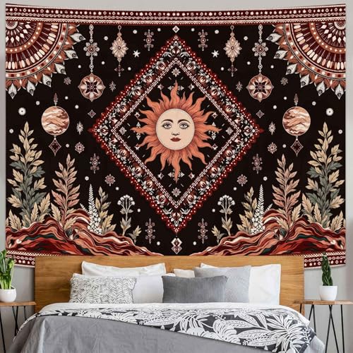 Kanuyee Bohemian Sun and Moon Wall Tapestry, Celestial Mystical Tapestries for Room Decor, Nature Landscape Tapestry 80"x60" - color: Brown Red, size: 80"L x 60"W