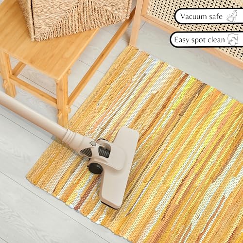 Cotton Hand Woven Chindi Rug 2x3 Feet - Mustard, Farmhouse Small Soft Durable Handmade Throw Carpet for Entryway, Kitchen, Laundry Room | Yellow Braided Textured Rectangular Rag Rugs for Bathroom - color: Mustard, size: 2 x 3 feet