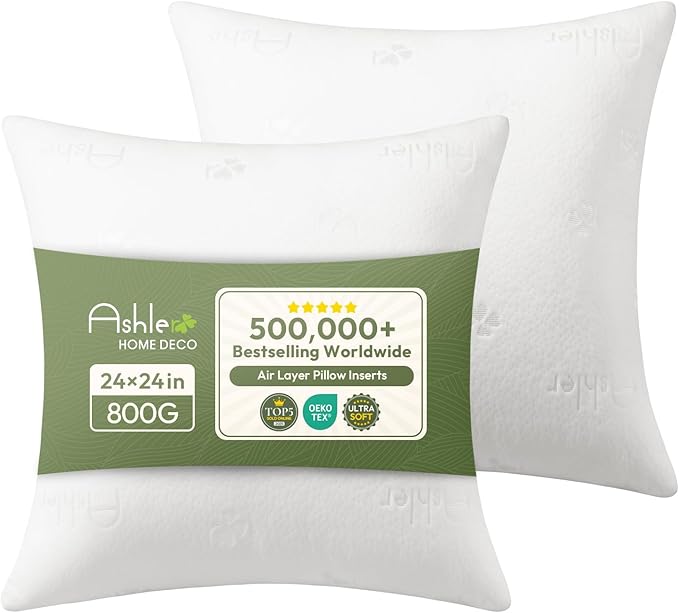 Ashler Throw Pillow Inserts- 24x24 Pillow Inserts with Air Layer, Premium Bed and Couch Pillows - Indoor Decorative Throw Pillow, Square Cushion Sham Stuffer, Pack of 2, White