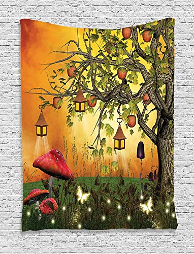 Ambesonne Fantasy Tapestry, Wonderland Forest with Fairies Butterflies Elves and Apple Tree Universe, Wall Hanging for Bedroom Living Room Dorm Decor, 40" X 60", Vermilion Orange - color: Multicolor, size: 60"L x 40"W