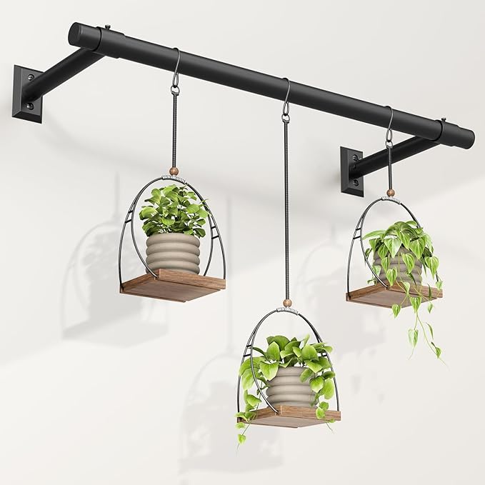 Hanging Planters for Indoor Plants, 32 Inch Heavy Duty Plant Hanger Indoor, 1 Inch Diameter Metal Rod, Hanging Plant Holder for Window Wall, Matte Black, Square Flange Base, Pot Not Included
