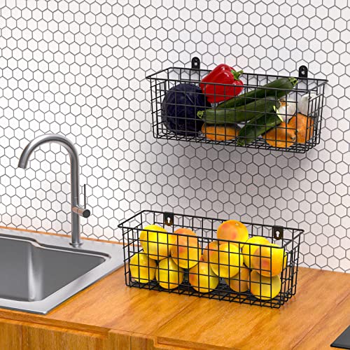 MaraFansie [Extra Large] Wire Basket 2-Pack Hanging Wall Organizer Cabinet Storage Basket Wall Mounted Shelves Rustic Farmhouse Decor for Home Kitchen Bathroom, BLACK - color: Black-2 Pack, size: 2 Pack