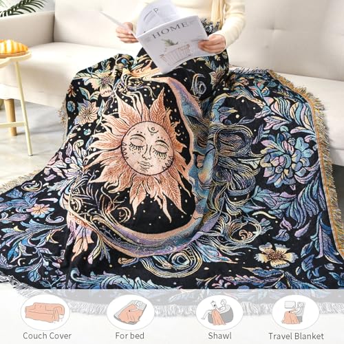 Boho Throw Blanket Reversible Cotton Bohemian Tapestry Hippie Room Decor Outdoor Blanket Double Sided (Boho Sun Black 50"x60") - color: Boho Sun 2, size: 50*60 inch