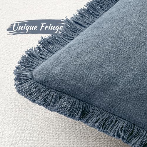 MIULEE Decorative Throw Pillow Covers Neutral Linen Fringe Throw Pillows Set of 2 Blue Ashes Boho Farmhouse Cushion Covers with Tassels for Couch Sofa Bed Home Spring Decor 16x16 Inch - color: Blue Ashes, size: 16" x 16" (Pack of 2)