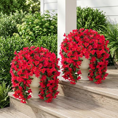Faux Bougainvillea Artificial Flowers Plants for Outdoor Outside Decoration, 2 PCS Red Fake Flowers UV Resistant Look Real Silk Long Trailing Vines for Front Door Porch Planter Urn Patio Garden Yard - color: Red