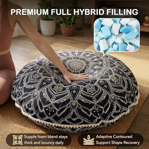 Codi Meditation Cushion for Adults - 32" Large Floor Pillow with Supportive Shredded Memory Foam - Round Zabuton with Washable Cover, Bohemian Mandala Seating for Yoga and Mindfulness, Black - color: Black, size: 1 Count (Pack of 1)