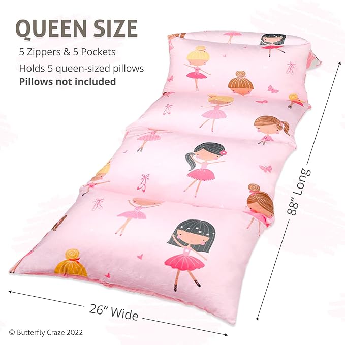 Butterfly Craze Floor Pillow Case - Lounger Support & Guest Bed Setup - Machine Washable Cover for Studio Apartment Essentials - Adjustable Floor Seating for Kids & Adults - Queen, Pink Ballerina