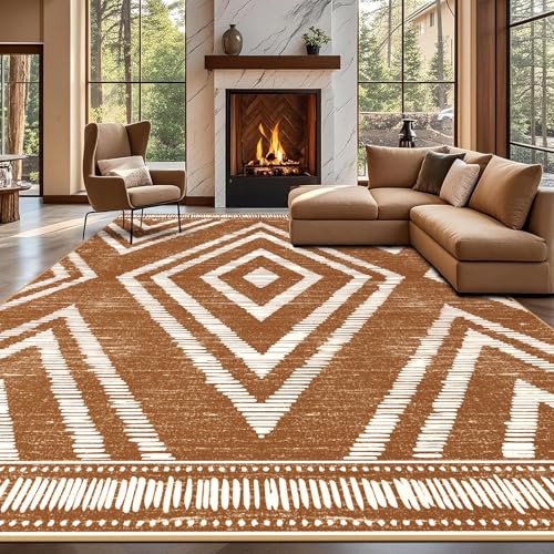 Boho Washable Area Rugs 9x12ft for Living Room, Large Soft Bedroom Rug Non Slip, Low Pile Brown Moroccan Floor Carpets for Dining Room Nursery Playroom Home Office - color: Brown, size: 9' x 12' (Rectangular)