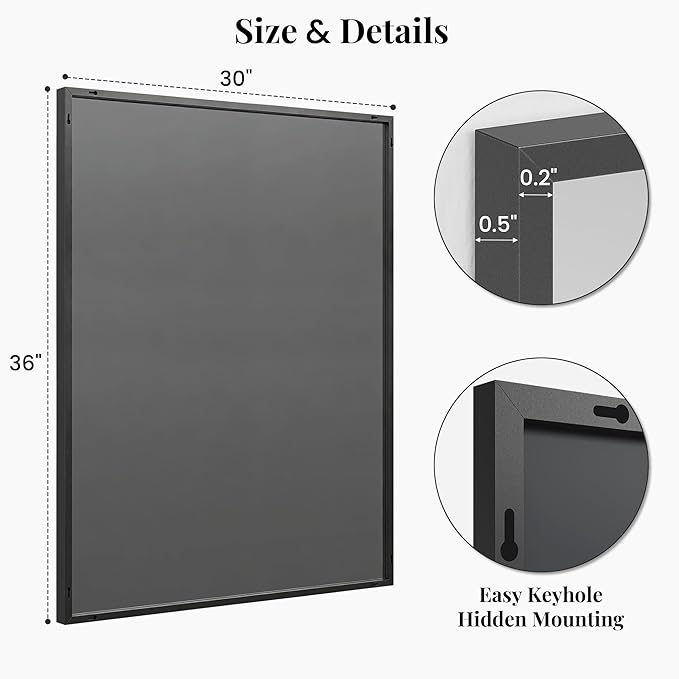 30"x36" Black Bathroom Mirror, Matte Metal Framed Vanity Mirror for Wall, Industrial Rectangular Mirror Over Sink, Modern Farmhouse Decor, Flush Mount