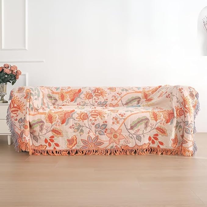 Boho Blanket for Bed 100% Cotton Bohemian Throw Blankets Ultra Soft Woven Muslin Decorative Blankets All Seasons Vintage Quilt Knitted Blanket for Sofa Chair(Orange, 60"x80")