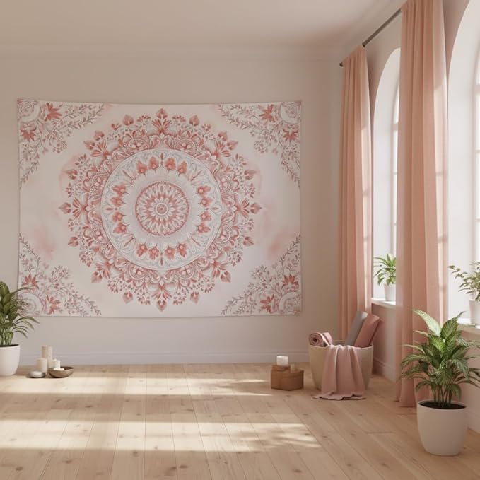 Accnicc Pink Floral Mandala Tapestry Wall Hanging Boho Medallion Tapestry Aesthetic Watercolor Flower Cute Small Tapestries for Bedroom Living Room Dorm Decor 48 x 36 Inch