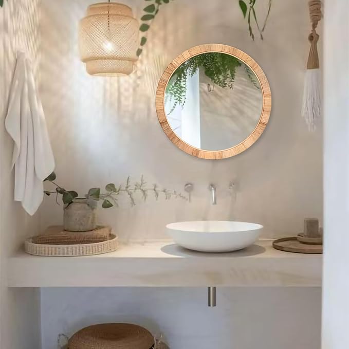 FUIN 25" Boho Chic Round Rattan Mirror - Handmade Wicker Frame - Perfect for Rustic Farmhouse Décor