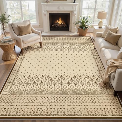 Joydeco Vintage Washable 6x9 Area Rug for Bedroom, Large Rugs for Living Room Non Slip, Neutral Boho Geometric Ultra-Thin Soft Indoor Floor Throw Carpet for Home Office Farmhouse, Beige - color: Beige, size: 6' x 8'11" (Rectangular)