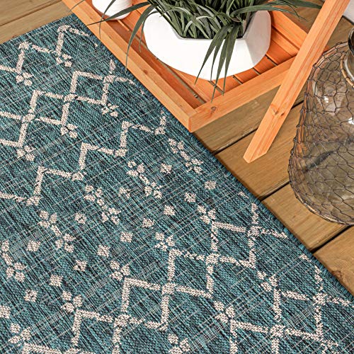 JONATHAN Y Moroccan Geometric Indoor Outdoor Runner Rug 2X10 Teal/Gray, Ourika Textured Weave for Backyard, Patio, Porch, Easy-Cleaning, High Traffic, Pet-Friendly, Non-Shedding (SMB108C-210) - color: Teal/Gray, size: 2'2" x 10' (Runner)