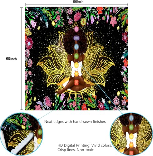Ine Ive African Chakra Tapestry African American Woman Zen Meditation Poster Starry Sky Flower Garden Inspirational Afro Yoga Wall Art Tapestry for Bedroom Dorm Decor (60x60 inch) - size: 60x60 inch