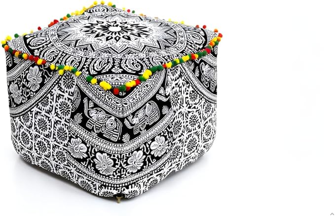 CRAFT KALA Square Mandala Floor Pillow Cushion Cover Seating Throw Cover Hippie Decorative Bohemian Ottoman Poufs Cover Pillow Cases Cotton Living Room Home Décor 22X22X14 inch, Black White Elephant