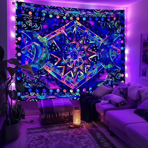 Blacklight Sun and Moon Tapestry Glow in The Dark Neon Hippie Bohemian Tapestries for Bedroom Aesthetic UV Reactive Purple Celestial Tie Dye Tapestry Wall Hanging for Living Room Dorm (90'' × 68'') - color: Purple, size: 90"L x 68"W