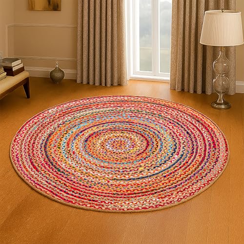 Hausattire Bohemian Braided Rug 5' Round - Multi Color, Rustic Hand Woven Rag Rugs for Kitchen, Kids Bedroom, Living Room | Colorful Farmhouse Pet Friendly Reversible Decorative Carpet - color: Multi Color, size: 5' (Round)