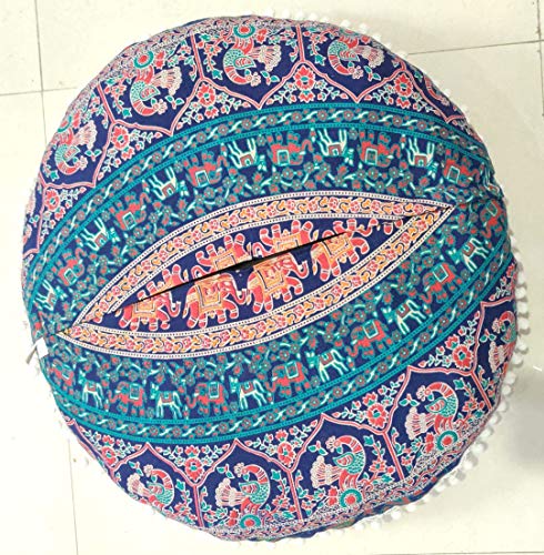 INDIAN CRAFT CASTLE 24" Brown Peacock Mandala Barmeri Large Floor Pillow Cover Cushion Meditation Seating Ottoman Throw Cover Hippie Decorative Zipped Bohemian Pouf Ottoman Pom Pom Cases 24" Round - color: Brown, style: 24 Inch Round