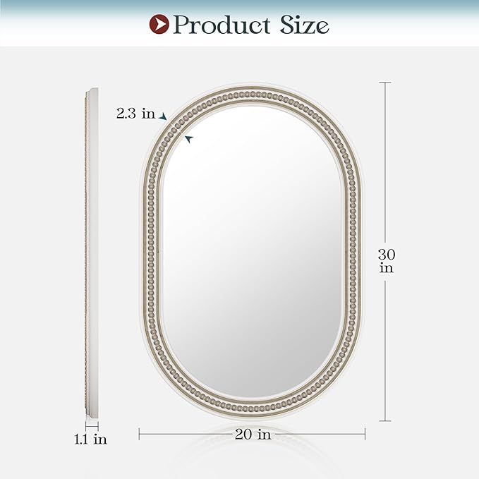 Farmhouse Oval Bathroom Boho Wall Mirror, 20" x 30" Antique Oval Bathroom Mirrors Over Sink, Wooden Wall Mirror for Bedroom, Living Room, Hallway, Vertical or Horizontal Hanging