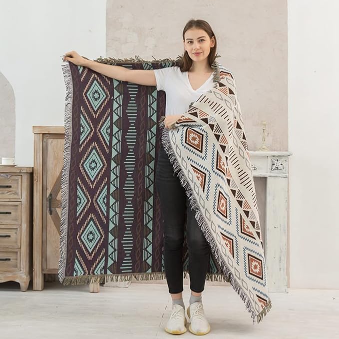 Lqprom Boho Throw Blankets Knit Bed Blankets with Tassel Aztec Western Throws Cover Farmhouse Decor for All Season Sofa Couch Chair Outdoor Camping Picnic Tent Beach Car Traveling 71"x91"