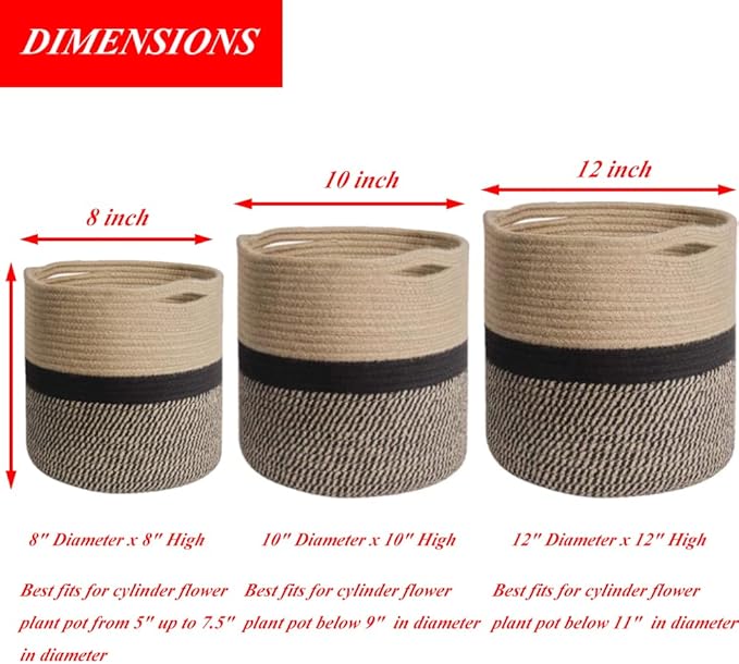Woven Cotton Rope Plant Basket for Flower Pot Indoor Planters, 10" x 10" Jute Foldable Storage Basket Organizer Modern Decor Household Laundry Basket
