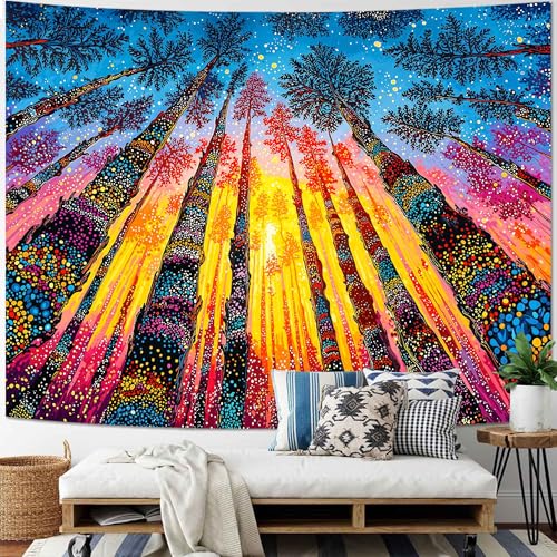 Kanuyee Colorful Forest Sunset Wall Tapestry, Vibrant Woodland Scenery Tapestries for Room Decor, Artistic Tapestry 60x44 Inch - color: Crimson Gold Orange, size: 60"L x 44"W