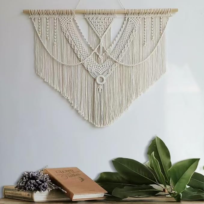 oiikain Large Handmade Boho Macrame Wall Hanging Tapestry - Chic Bohemian Woven Home Decor art for Living Room, Bedroom, and Wedding Parties (Beige, Large Sigle Triangle)