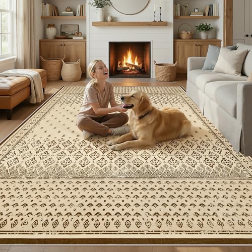 Joydeco Vintage Washable 6x9 Area Rug for Bedroom, Large Rugs for Living Room Non Slip, Neutral Boho Geometric Ultra-Thin Soft Indoor Floor Throw Carpet for Home Office Farmhouse, Beige - color: Beige, size: 6' x 8'11" (Rectangular)