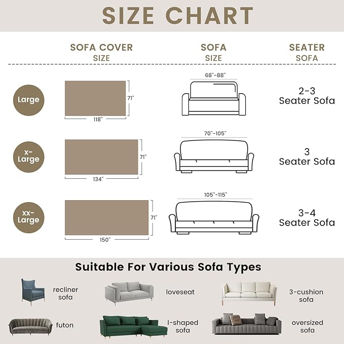 ROOMLIFE Khaki Striped Couch Cover Chenille Sofa Covers for 3 Cushion Couch Large Sectional Couch Covers for Loveseat,Recliner Chair-Multifunction Sofa Slipcovers Couch Cover for Dogs Pets, 71"x134"