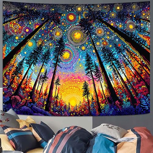 Spenlife Upward Forest Starry Sky Wall Tapestry, Trippy Night Tree Tapestries for Bedroom Decor, Scenic Tapestry 90x70 Inch - color: Gold Blue, size: 90"L x 70"W