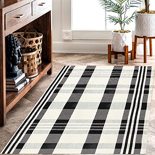 CAINANEL Buffalo Plaid Outdoor Rug Black and White Check Rug 35.4'' x 59'' Cotton Hand-Woven Checkered Front Welcome Door Mat Indoor/Outdoor Area Rug for Front Porch,Kitchen,Entry Way,Living Room - color: Black&white Plaid, size: 3' x 5' (Rectangular)