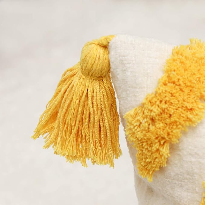 Boho Yellow Lumbar Throw Pillow Cover 12x20 Inch with Tassels, Moroccan Tufted Cream Chenille Fabric Small Accent Textured Cushion Case for Bed Couch, 1 PC Cover Only No Insert