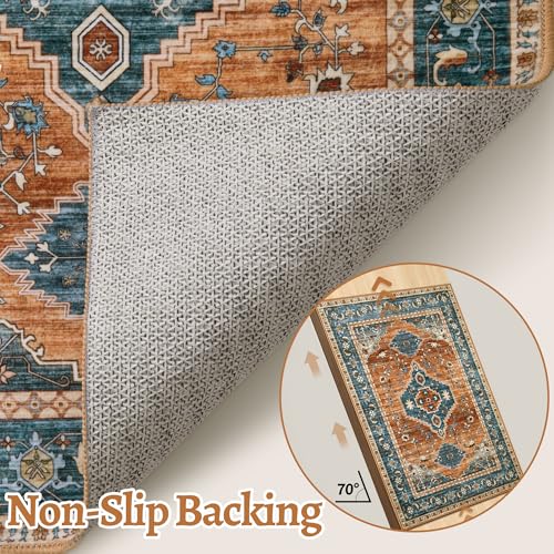 Tangsoo Oriental Small 2X3 Washable Rugs for Entryway, Vintage Non Slip Rug Carpet, Indoor Front Door Rug, Door Mat Indoor Entrance Soft Low Pile Throw Rugs for Entry Kitchen Bedroom Orange/Blue - color: Orange/Blue, size: 2' X 3' (Rectangular)