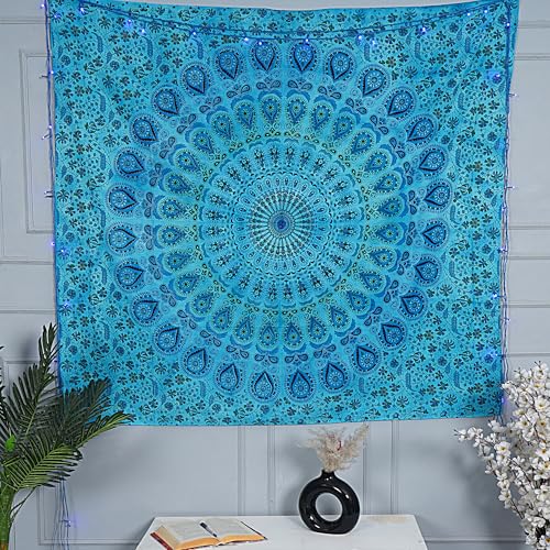 FURNISHFUL FINESSE Handmade Cotton Peacock Mandala Tapestry - Vibrant Turquoise Ombre Boho Wall Decor, Bohemian Hippie Room Hanging for Bedroom & Living Room - 50X60 Inches - color: Turquoise, size: 60"L x 50"W