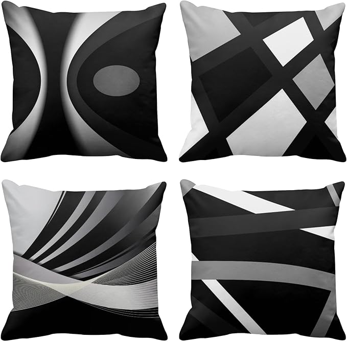 Emvency Set of 4 Black Throw Pillow Covers Modern Abstract Grey Stripes Gray White Acrylic Bold Decorative Pillow Cases Home Decor Square 20x20 Inches Pillowcases